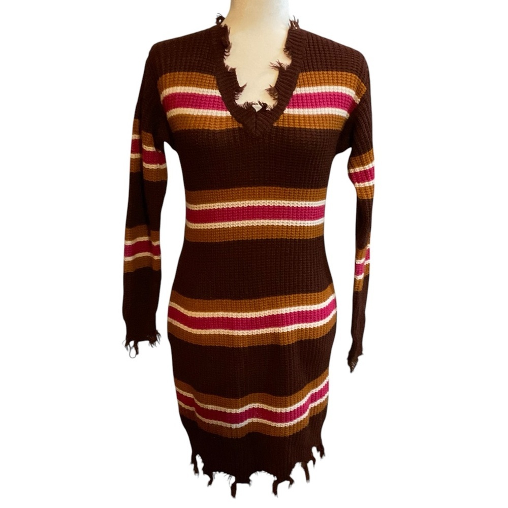 No Comment Women's Striped Sweater Dress Distressed Edges Size S​